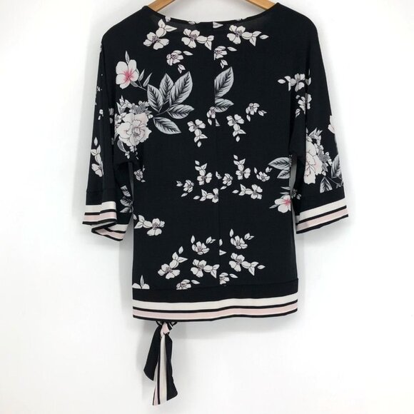 Rickis Black floral Kimono style half sleeve side knot boatneck  blouse XS - Picture 4 of 16